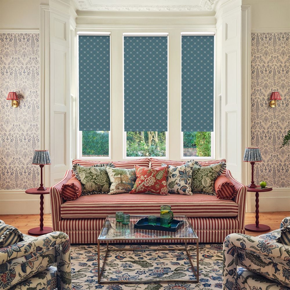 JL x Sanderson Barley Trellis, Ink Dove Blue Blackout Roller Blind