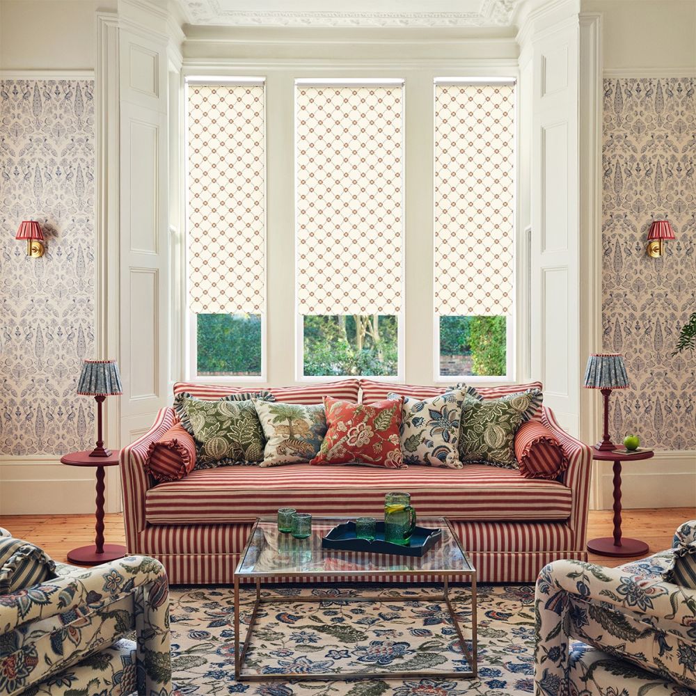 JL x Sanderson Barley Trellis, Linen Raspberry Blackout Roller Blind
