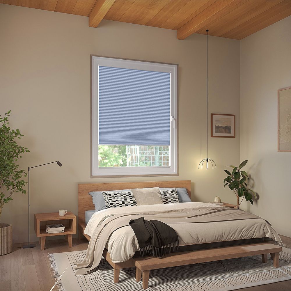 Blue Open Weave Stick On Pleated Blind