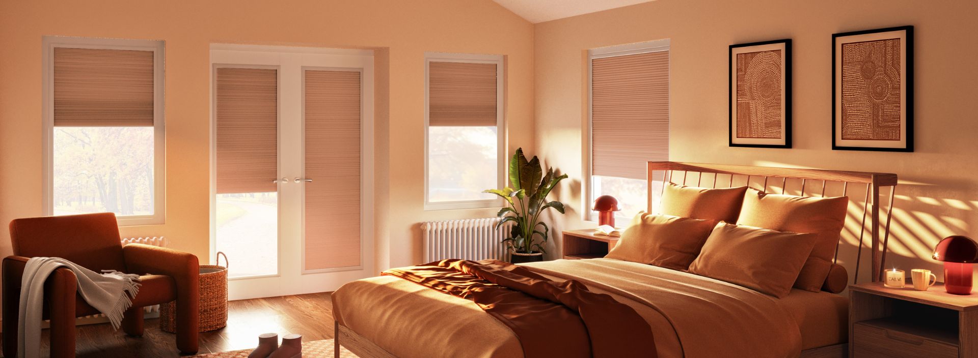 Cosy bedroom colours - warm room with thermal blinds