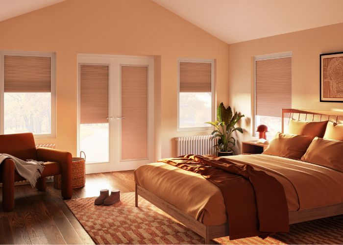 Cosy bedroom colours - warm room with thermal blinds