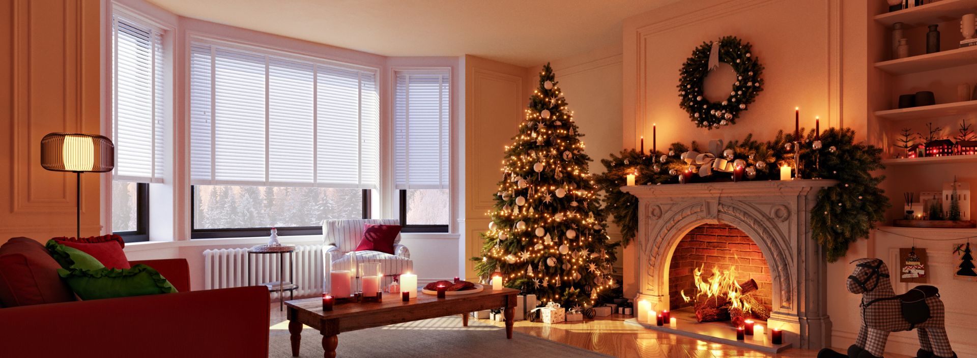 Christmas living room cosy haven wooden blinds fireplace